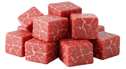 Pile of cubed raw meat with intricate marbling displayed against a stark black background.