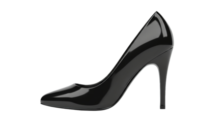 Sleek black patent leather stiletto pump with high heel is set against a dark background.