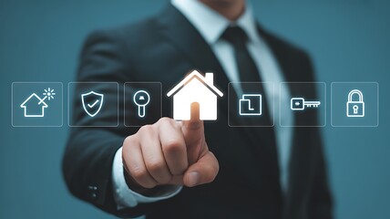  Business person touching home icon to fix security vulnerabilities and unlocked key.