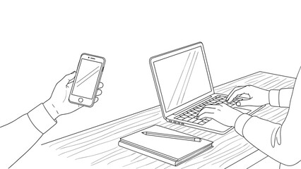 Minimalist line art of business workspace with laptop and smartphone interaction