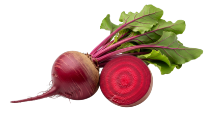 Vibrant close-up showcases a whole beet alongside a halved one, highlighting their textures.