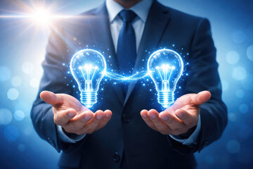 A man in a suit holds two glowing lightbulbs connected by a bright line with a bright light shining from above the mans head