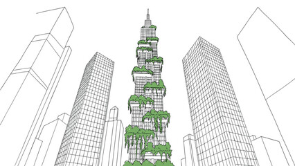 Urban skyscraper with vertical gardens and surrounding cityscape