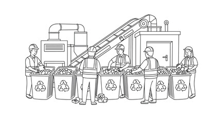 Fototapeta premium Recycling plant workers sorting waste in a linear style waste management facility