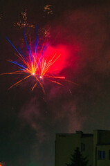 Spektakularny nocny pokaz fajerwerków na ciemnym niebie z wielobarwnymi smugami. © Pol Badger