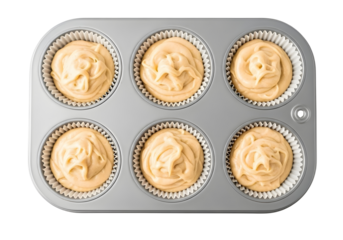 Muffin tin with six cupcakes filled with creamy frosting isolated on transparent background