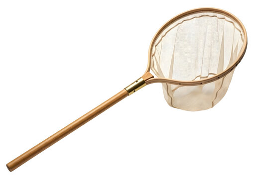 Butterfly net with wooden handle and mesh netting isolated on transparent background