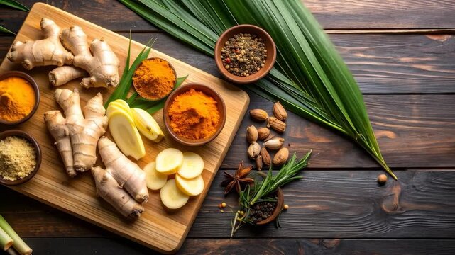 Ginger Roots and Spices on Wooden Board.