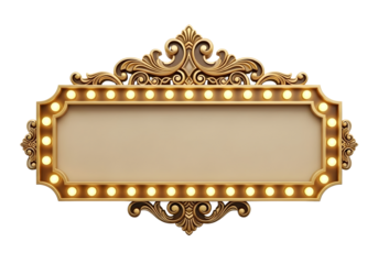 Golden ornate marquee sign with lights on isolated transparent background
