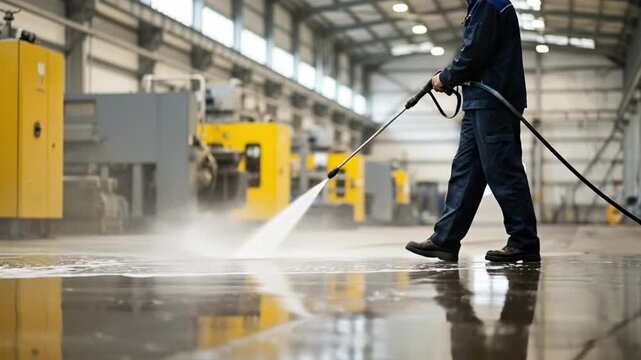 Factory worker pressure washing floor with powerful water jet