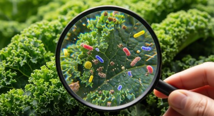 Magnifying glass inspecting fresh green vegetables revealing microscopic bacteria and germs, food safety concept