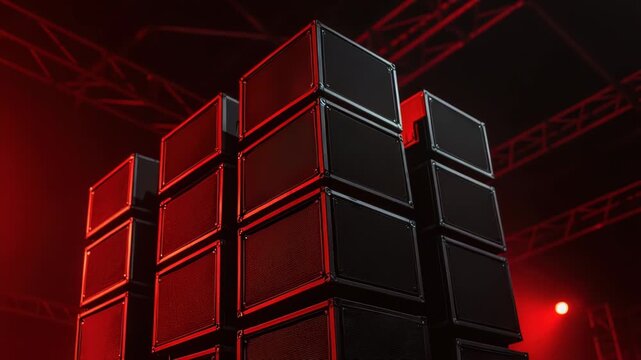 Array of professional audio speaker cabinets stacked together illuminated by red stage lights