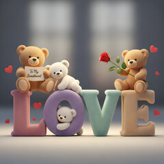 A sweet brown teddy bear peeks over  serif letters spelling "LOVE" on a soft, light background. This graphic is suitable for conveying affection.

