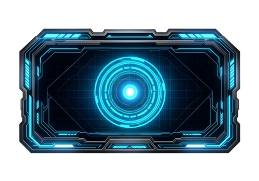 Futuristic blue and black interface with glowing circle on a transparent background - Powered by Adobe