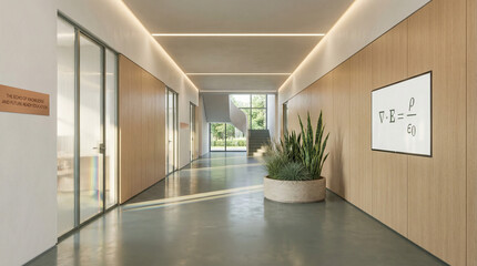 Modern office corridor with plants and large windows allowing natural light  