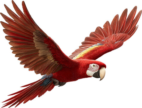 Vibrant Scarlet Macaw Spreads Its Wings in Graceful Mid-flight Against a Clear Sky