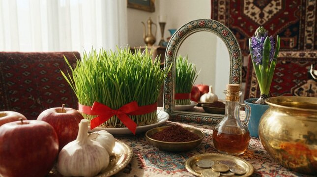 Traditional Haft-Seen spread for Nowruz celebration, featuring symbolic items like sprouts, apples, garlic, and coins, reflecting Persian New Year traditions and cultural heritage