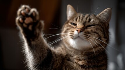 Animal friendly treatment is highlighted when a relaxed cat responds to cues and gives a gentle high five to the caring vet, reflecting modern veterinary practices. cinematic color correction,