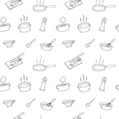 Cooking Seamless Pattern &ndash; Hand Drawn Kitchen Utensils and Food Preparation Doodles