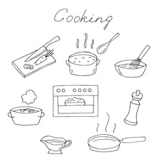 Cooking Doodle Set &ndash; Hand Drawn Kitchen Utensils and Food Preparation Icons
