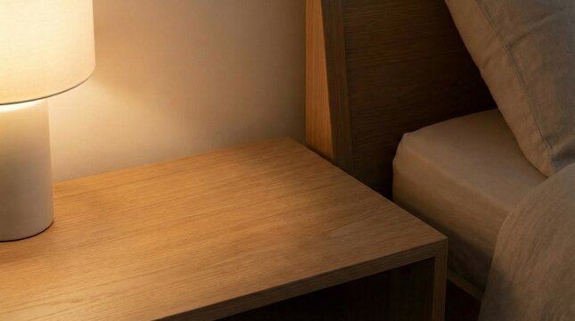 Warm bedroom scene with a wooden nightstand beside a softly lit bed, a modern table lamp casting gentle ambient light, plush pillows, and cozy decor for home or hotel interiors