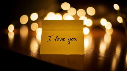 Handwritten I love you message on a yellow sticky note. Romantic close-up with warm golden bokeh lights in the background. Valentine's Day concept of affection and relationship