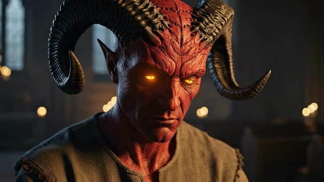 Close-up of a red-skinned demon praying in a dimly lit church with candles. Evil devil figure with ram horns and glowing yellow eyes. Dark fantasy and supernatural horror concept