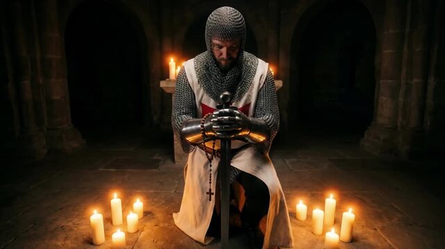 Medieval knight kneeling and praying with a sword in a dark stone crypt. Crusader in chainmail armor holding a weapon surrounded by burning candles. Historical warrior preparing for battle
