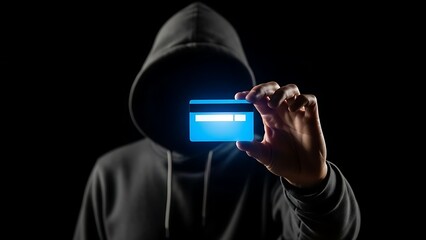 Anonymous hacker in a dark hoodie holding a glowing blue credit card representing cybercrime and credit card fraud.