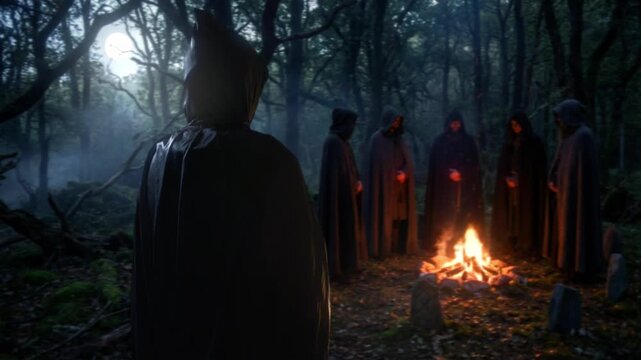 Mystery Being Monitored In Dark Woods, Hidden Figures Observe Fiery Circle Beneath Glowing Moon
