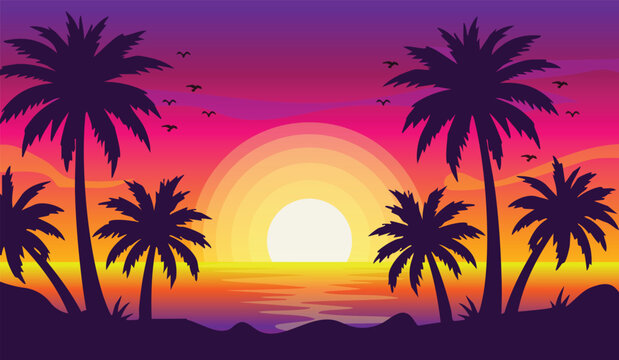 Vibrant Tropical Sunset with Palm Tree Silhouettes over Ocean Summer time Banner design