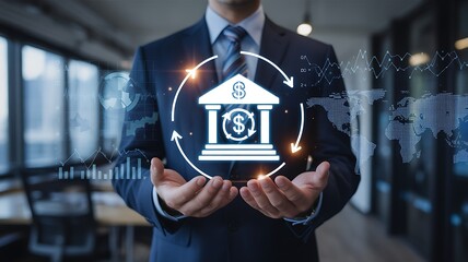 Businessman holding digital bank icon with global financial data and transaction symbols representing modern banking technology