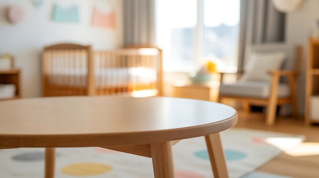 Empty round wooden table for product placement with blurred kindergarten or baby room background in soft daylight