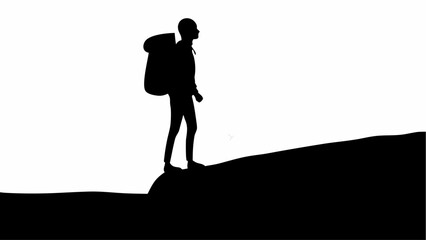 Hiker standing on mountain peak with backpack looking adventurous