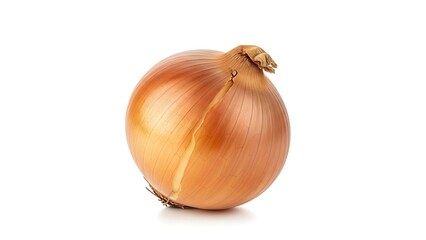A single onion with a Whisk-like stem on a plain white surface, viewed from the front.