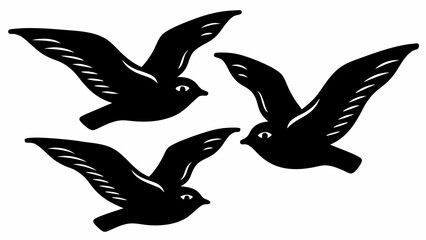 Obraz premium Three black birds flying in formation against white background