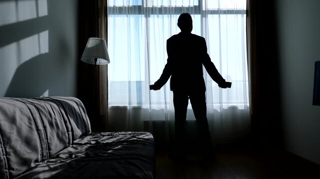 Man finish bad talk on phone and swear out loud, shake hands, then stand still to calm down. Black silhouette against small living room window. Guy wear informal suit, have hard call at duty