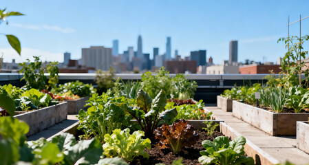 Fototapeta premium A rooftop garden, variety of vegetables in raised beds, organized chaos of thriving plants, background with blurred city skyline under clear blue sky.