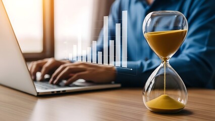 Hourglass with golden sand on a wooden desk next to a person working on a laptop with a rising financial chart, representing time management and growth.