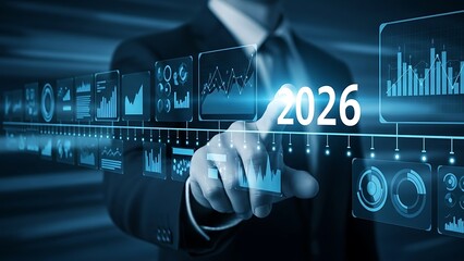 Futuristic business concept showing a hand pointing at the year 2026 on a digital timeline with various data charts and infographic elements.