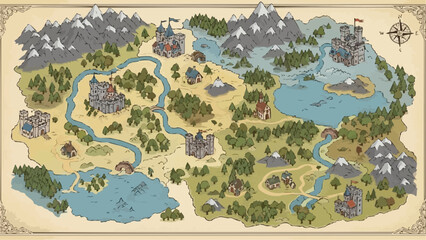 Fototapeta premium A beautifully illustrated fantasy map depicts a kingdom with castles rivers mountains forests and varied terrain
