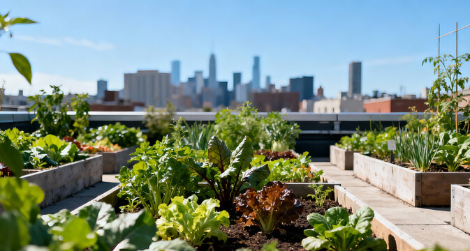 A rooftop garden, variety of vegetables in raised beds, organized chaos of thriving plants, background with blurred city skyline under clear blue sky.