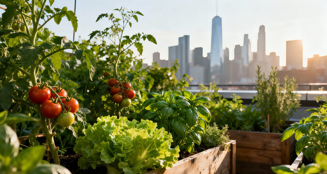 A dense vegetable and herb garden on a city rooftop, lush and green, various plants.