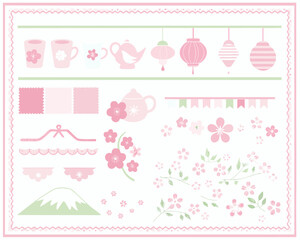 Fototapeta premium A delicate collection of pink and green floral and decorative elements
