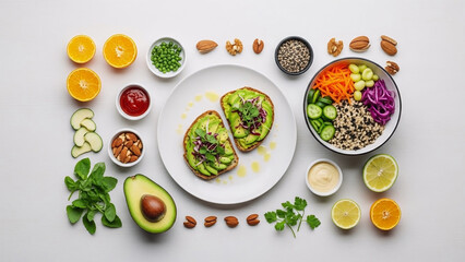 Delicious healthy food arrangement with avocado toast and fresh ingredients