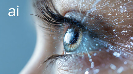 Conceptual close-up showing human eye with digital light streams flowing into the iris, representing the powerful intersection of Artificial Intelligence (AI), biometric data, and future technology.