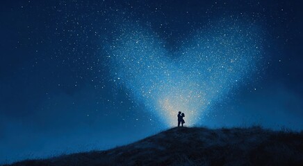 Fototapeta premium Couple embraces under a celestial heart of stars, celebrating love and togetherness on a peaceful hilltop at night. A magical, dreamlike scene conveying romance and hope.