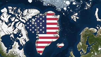 Map of Greenland covered with the United States Flag representing Political Interests and Arctic Territory Concept in Blue Ocean
