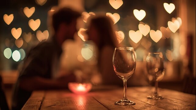 Couple shares an intimate romantic date at a restaurant, surrounded by soft heart-shaped bokeh lights. Wine glasses and candlelight set a warm, celebratory atmosphere.