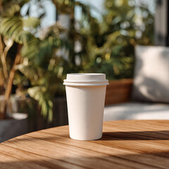 Blank coffee cup mockup on modern cafe table, warm natural light, minimal decor, lifestyle product photography, no branding, high realism